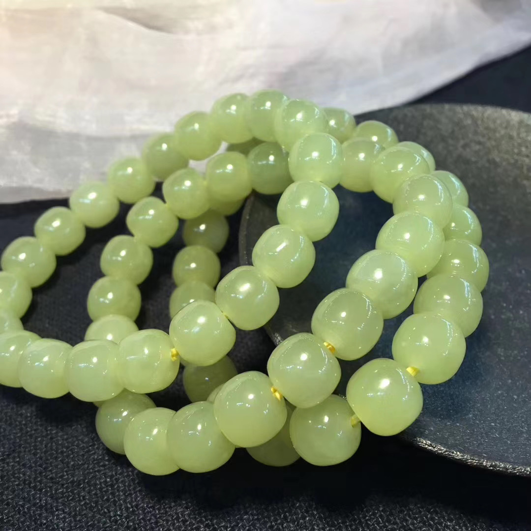 和田玉青海料桶珠手链老型珠玉珠黄口料男女款玉石手链手串送证书