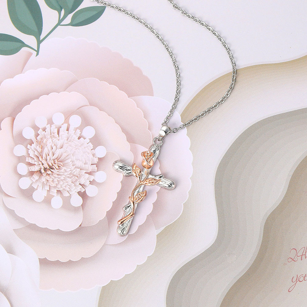 欧美新品玫瑰花缠绕十字架吊坠项链创意分色电镀滴油锁骨链女配饰