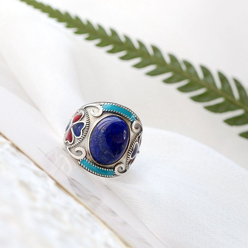 纳福阁银饰批发 镶天然青金石复古银戒指宽面食指女士925纯银戒子
