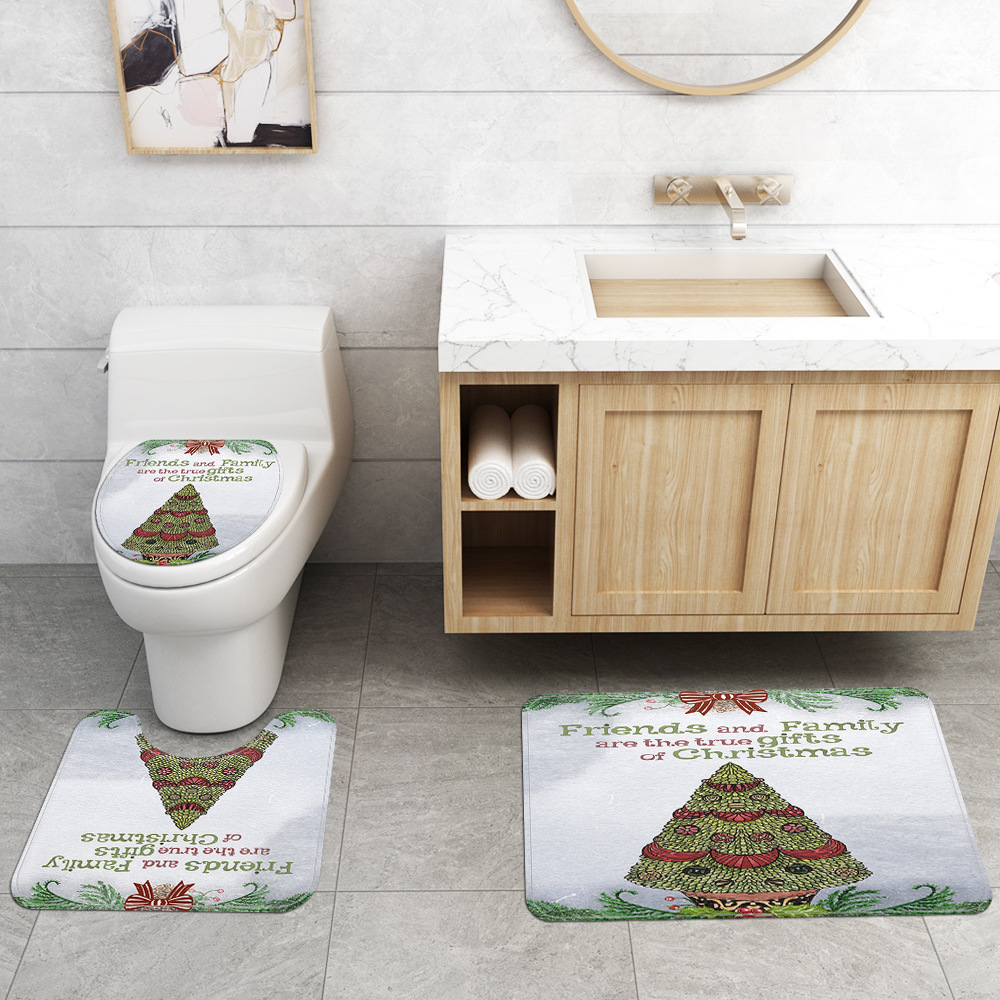 New Creative Cartoon Deer Christmas Tree Waterproof Shower Curtain Carpet Mat Four-Piece Set Toilet Mat Set One Piece Dropshipping