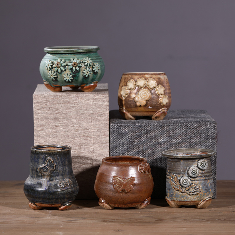 景德镇手工韩式复古空型粗陶立体花朵盆 墨绿色陶瓷多肉花盆随机