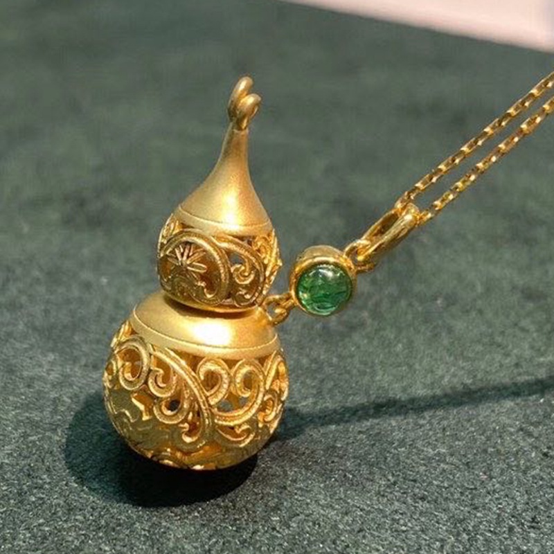 18k金葫芦吊坠au750黄金祖母绿项坠女古法18k金葫芦拉丝镂空拼接