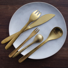 304不锈钢创意家用牛排刀叉勺日式复古金色柳叶蛋糕叉咖啡勺餐具