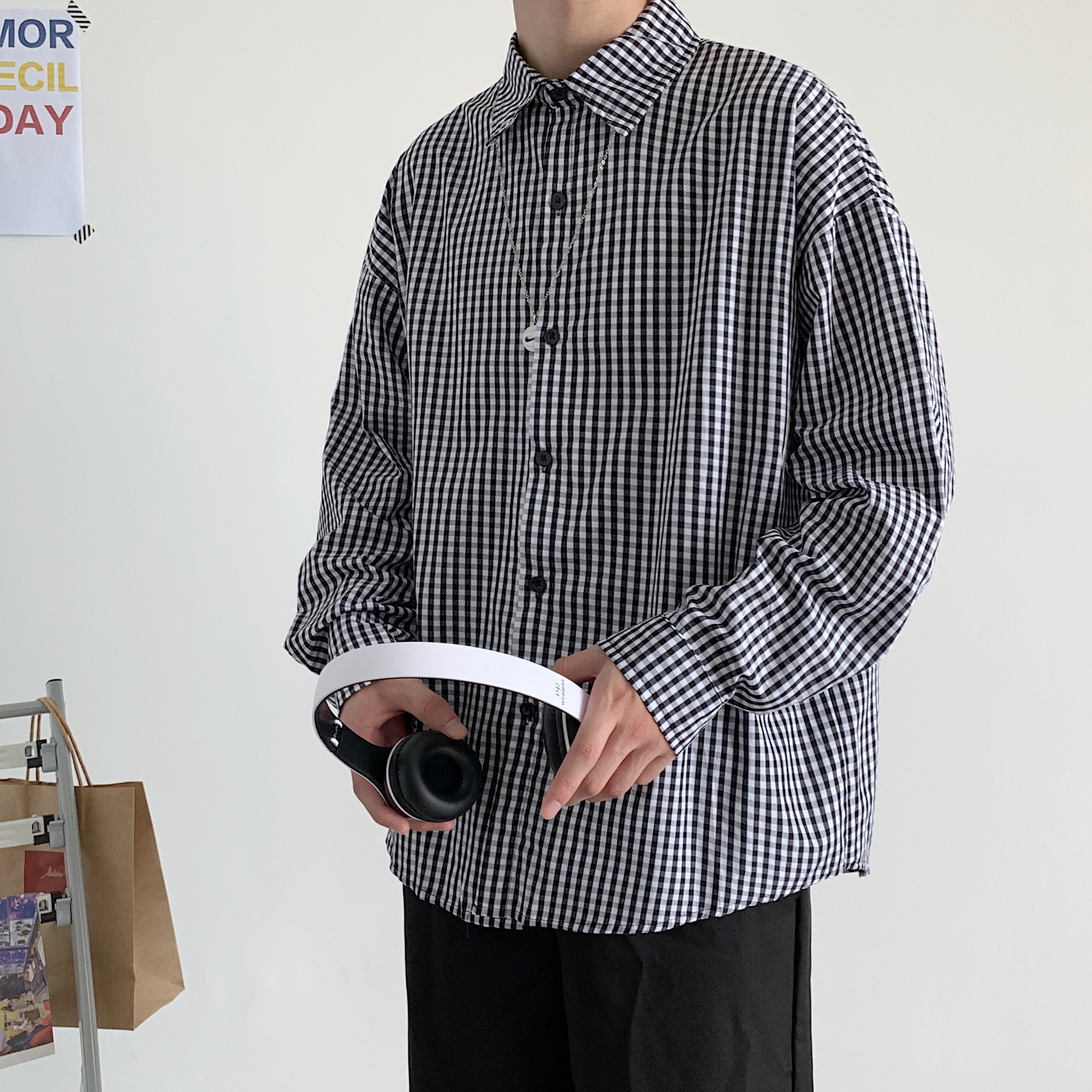 潮流新款格子衬衫男长袖韩版宽松青少年衬衣时尚休闲帅气外穿寸衫