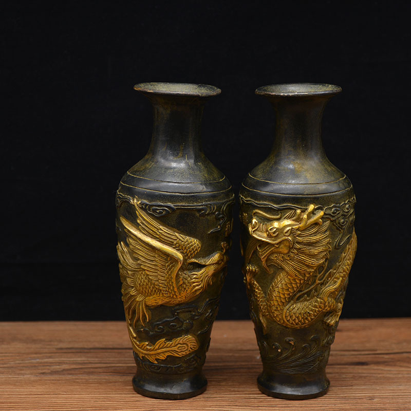 宏达 全铜仿古鎏金浮雕 龙凤呈祥 铜花瓶吉祥礼品摆件