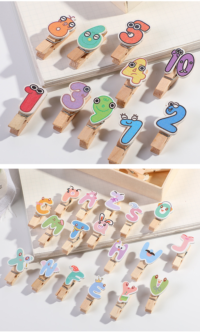时尚创意木制夹子 10个装卡通数字创意字母夹子 照片相片夹子厂家