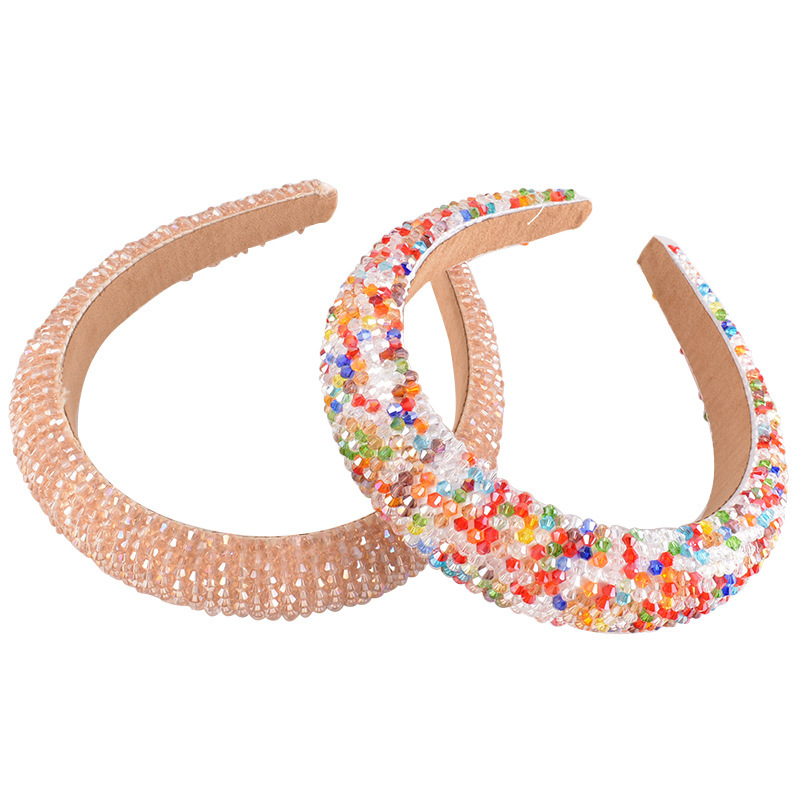 Cross-Border Retro Handmade Crystal String Beads Headband Wide Thick Sponge Headband Multi-Color Crystal Exquisite Headdress Wholesale