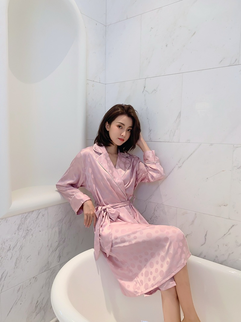 仿真丝睡衣女士翻领长袖丝质睡袍ins风欧美大版长款浴袍家居服女