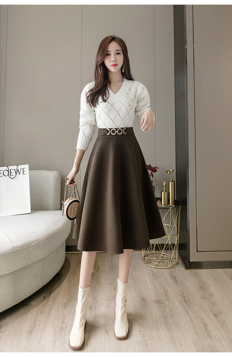 实拍2020冬毛呢中长裙高腰过膝半身裙蓬蓬中长裙