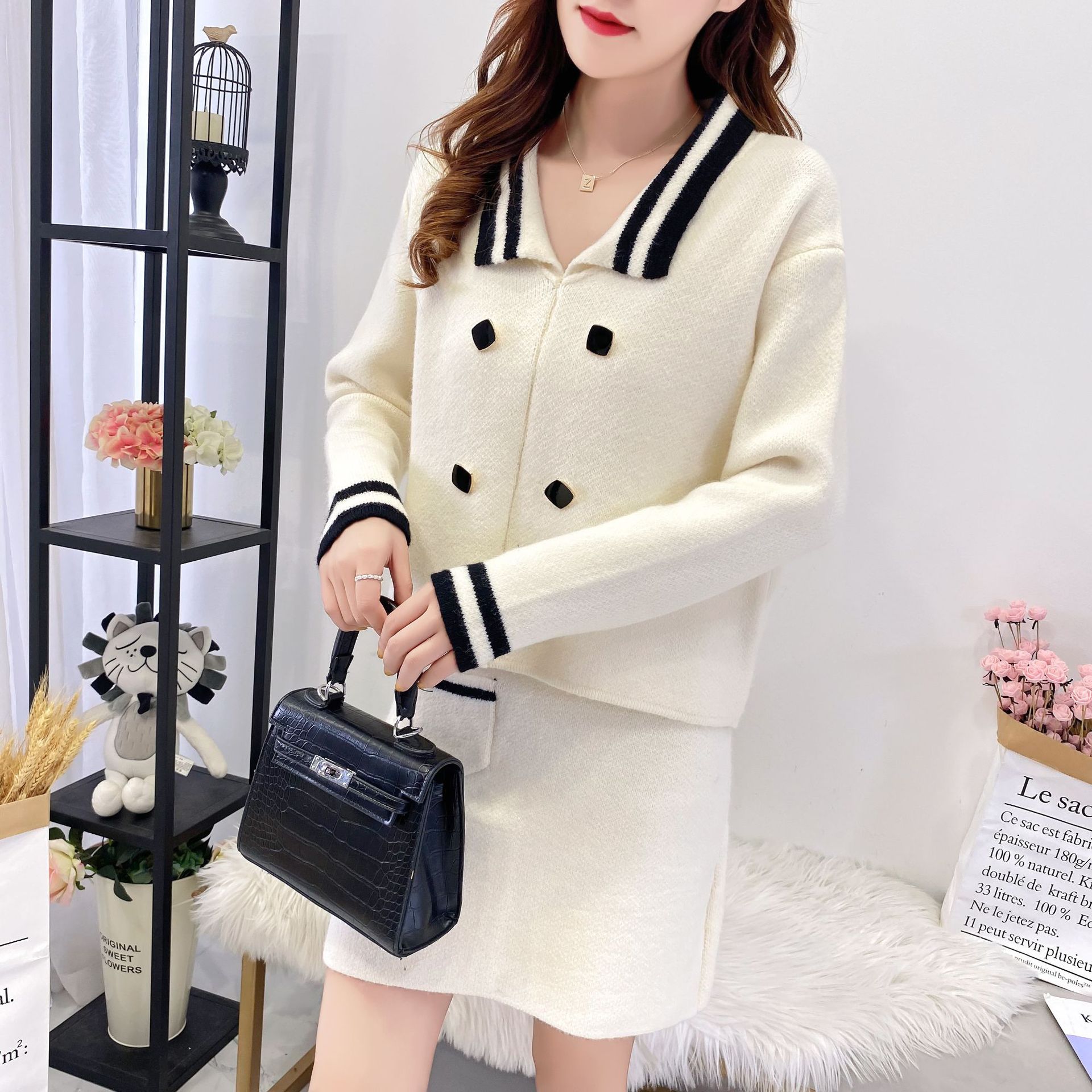 韩版短款小香风针织套装女秋冬新款中腰包臀裙毛衣两件套新款套装