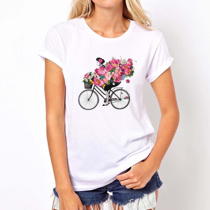 wish ebay 通 外贸 欧美自行车女孩图案印花短袖t恤 女装衣服