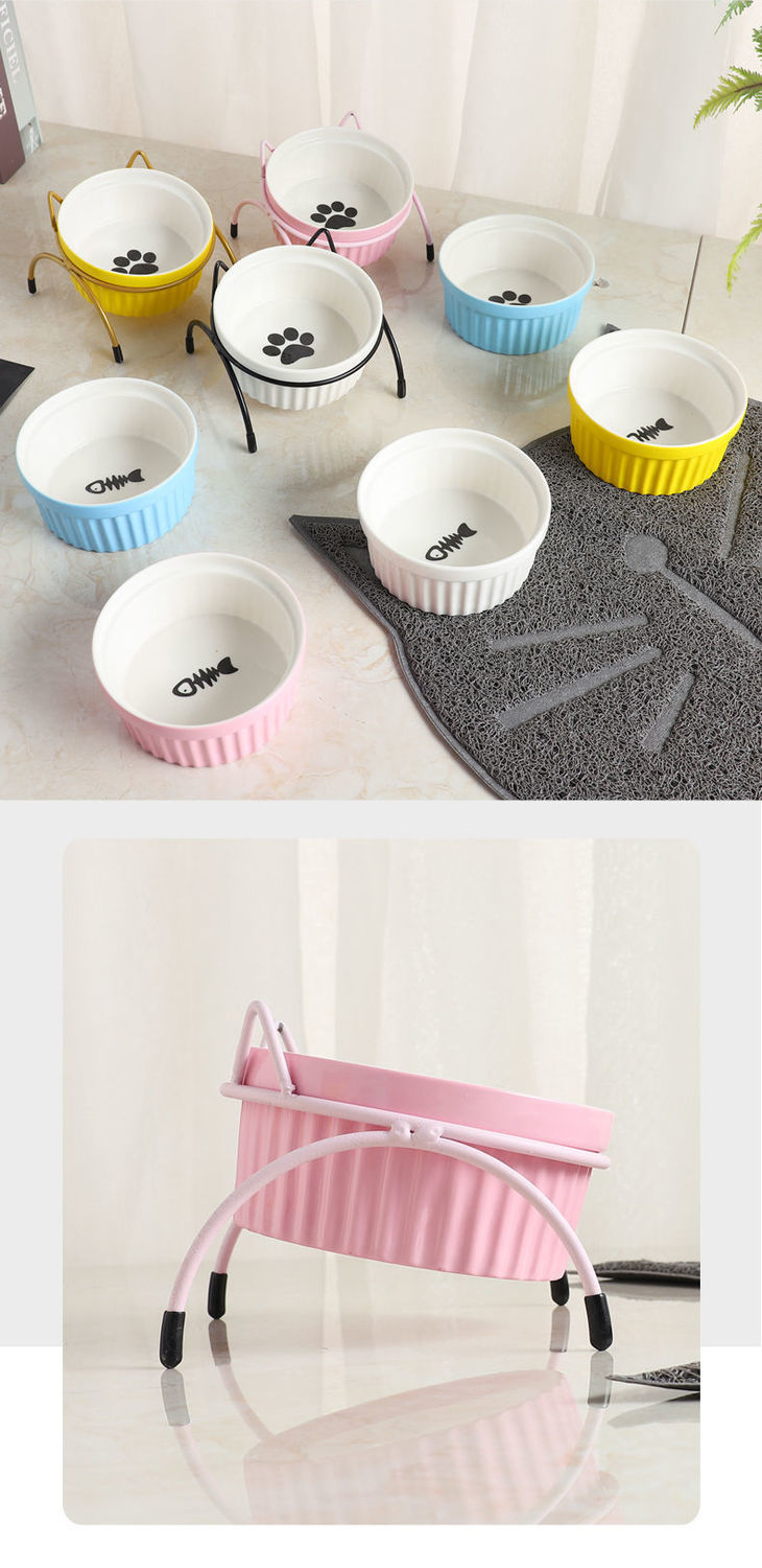 猫碗猫咪陶瓷碗猫咪水碗带碗架猫碗保护颈椎猫粮碗猫食盆宠物碗-阿里