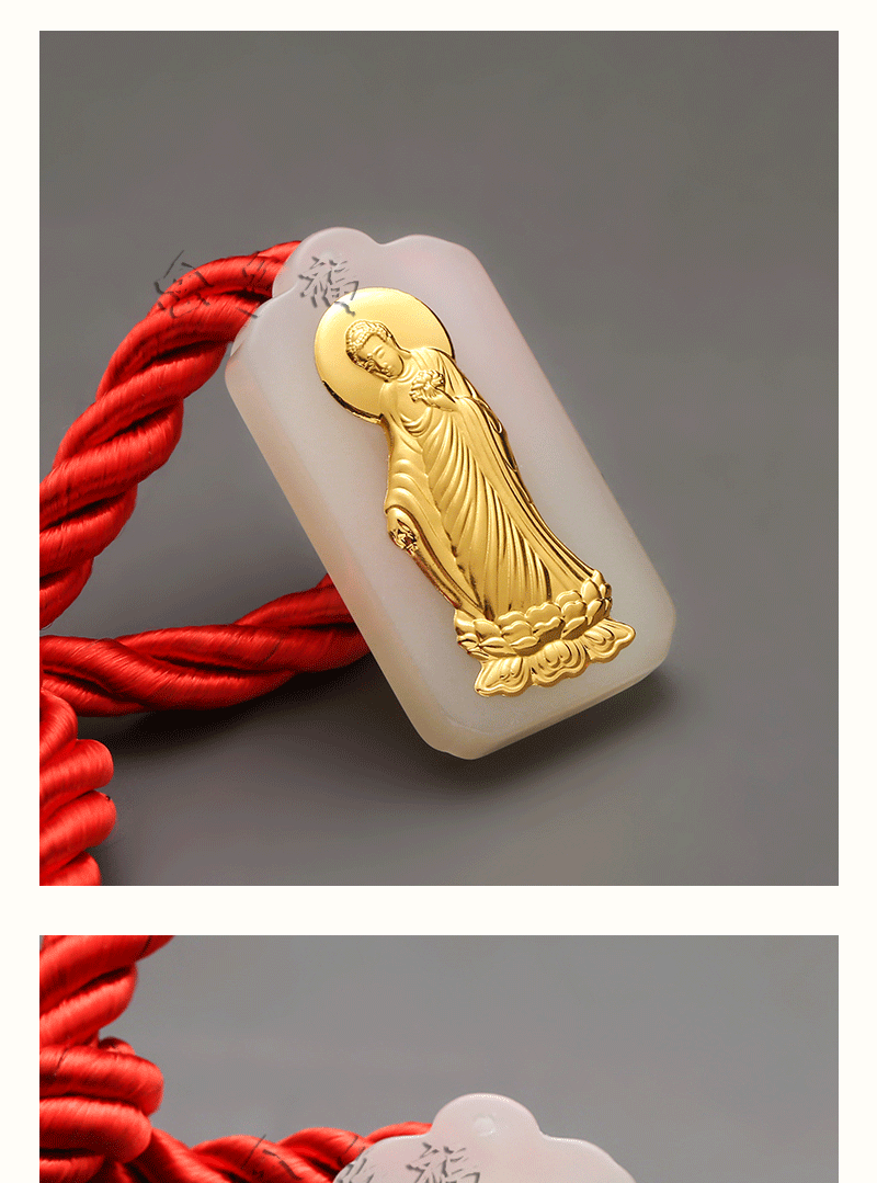 金镶玉南无阿弥陀佛吊坠 天然白玉足金吊饰男女款长方形挂件批发