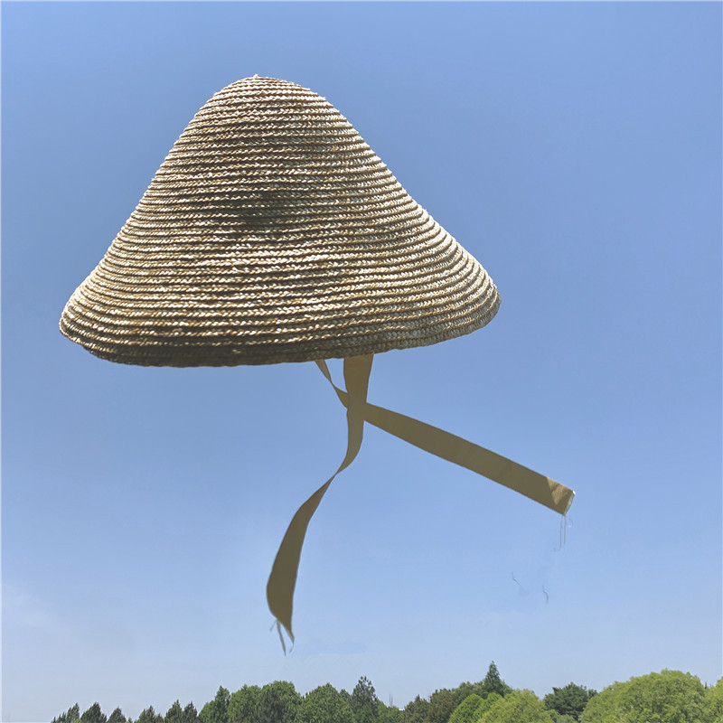 欧美春夏新款带绑带麦秆草斗笠帽户外遮阳防晒走秀凹造型斗笠草帽