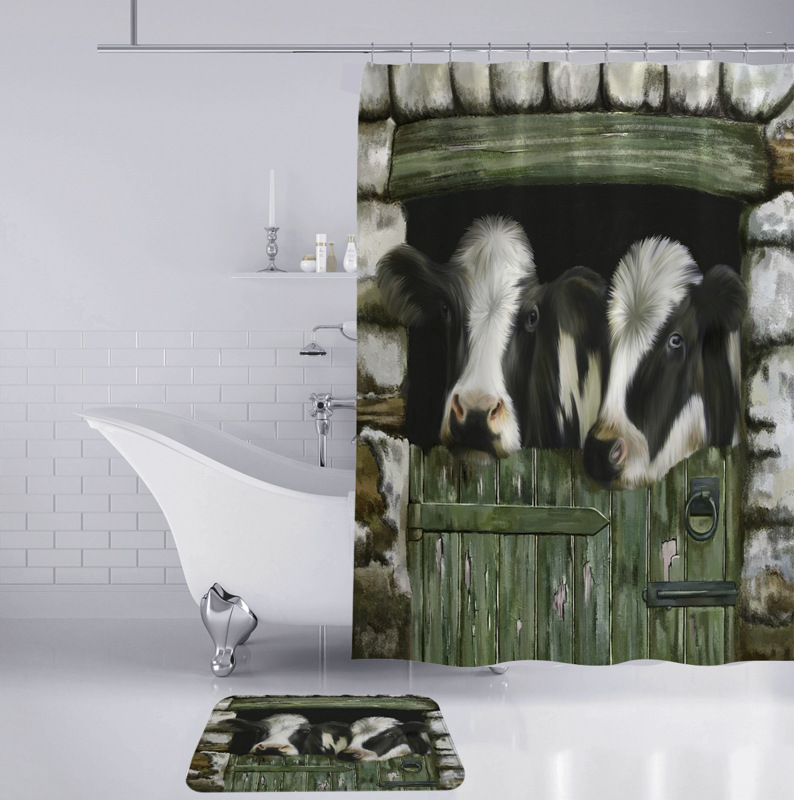 Nordic Cow Head Shower Curtain Bath Account Punch-Free Toilet Partition Curtain Bathroom Curtain Three Or Four Piece Suit