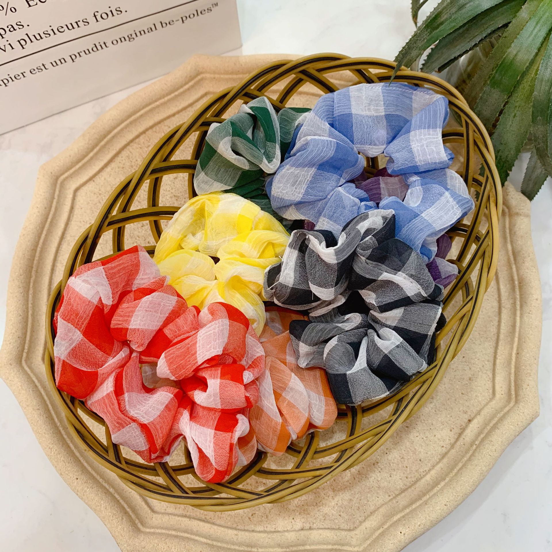 ins网红发圈简约百搭格子雪纺发绳大肠发圈布艺扎头发发饰高弹力