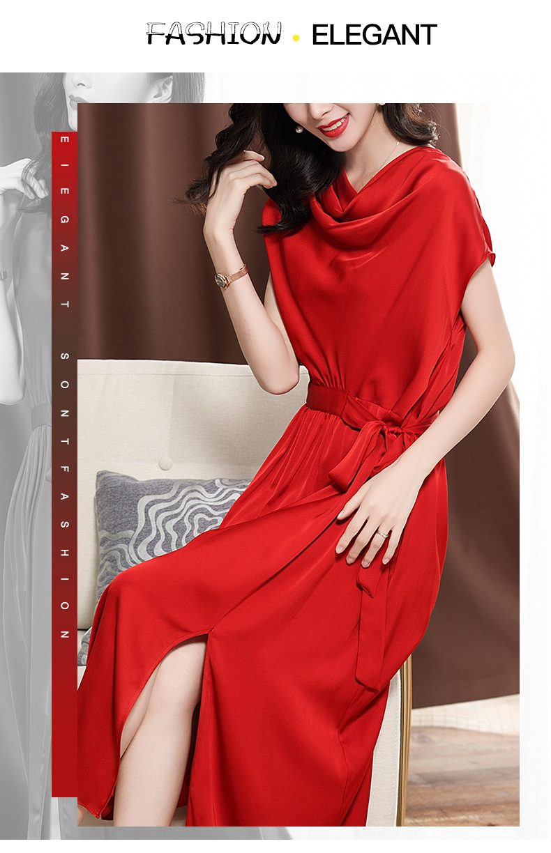 重磅红色真丝连衣裙女2020夏季新款缎面桑蚕丝收腰系带显瘦长裙子