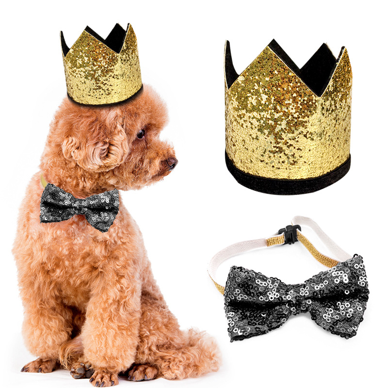宠物狗狗猫咪生日皇冠帽黑金蝴蝶结领结帽子装饰节日派对装扮用品