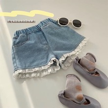 夏季新款韩版儿童可爱甜美舒适软牛仔短裤蕾丝花边短裤