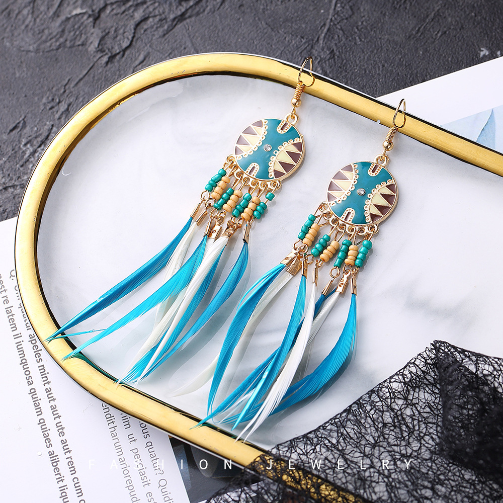 Creative round Boho Two-Tone Long Feather Earrings Bead Stud Earrings Tassel Earrings Female Accessories