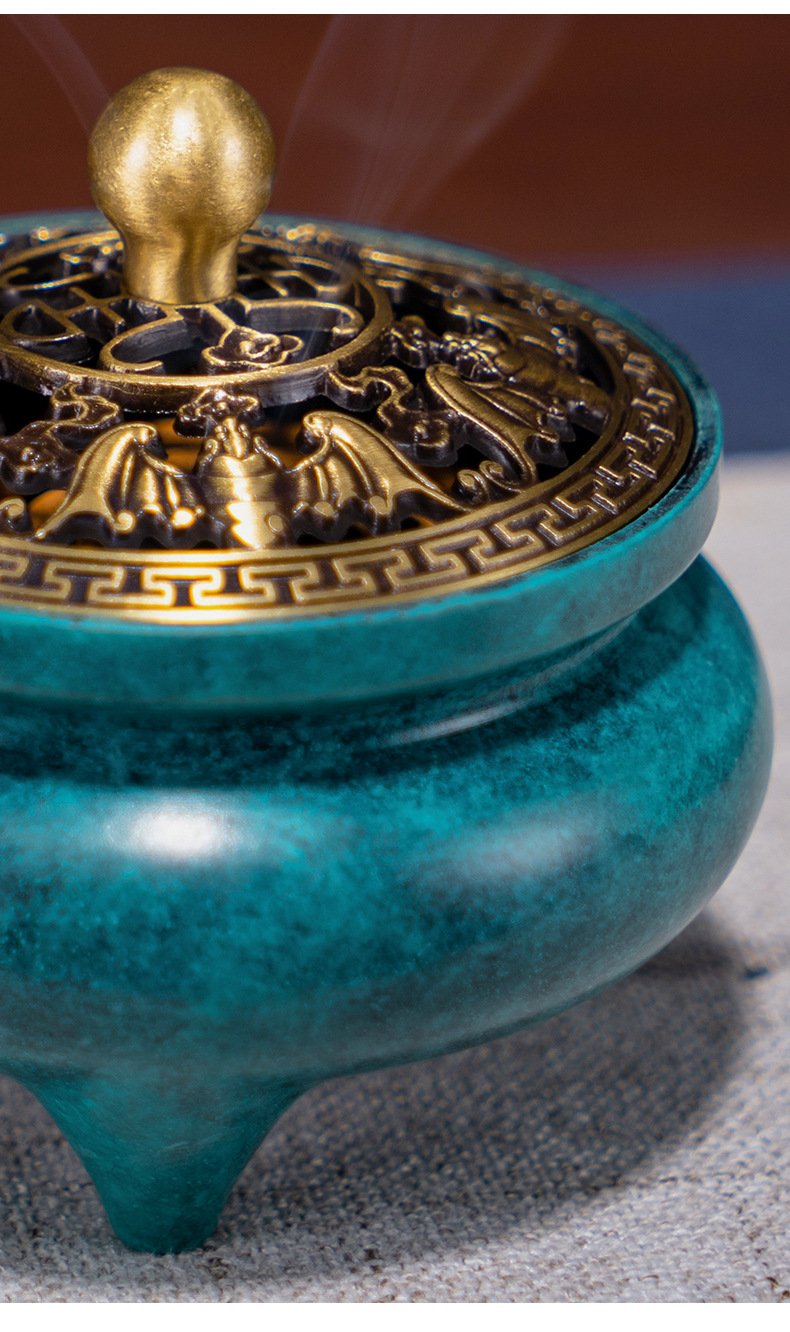 铜香炉复古镂空熏香炉摆件新中式客厅禅意小香炉玄关工艺品摆件