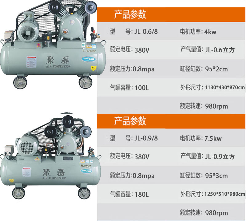 聚磊活塞式木工喷漆汽修大型打气泵皮带式空气压缩机活塞式空压机
