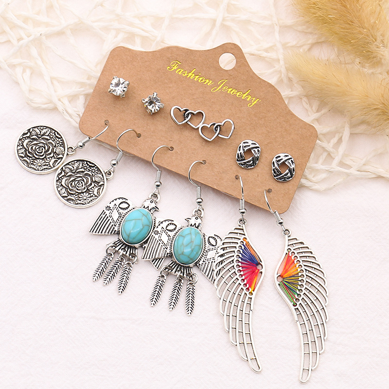 Cross-Border Set Earrings Alloy Rhinestone Feather Drop Oil round Water Drop Wings Wood Vintage Travel Earrings Ear Studs