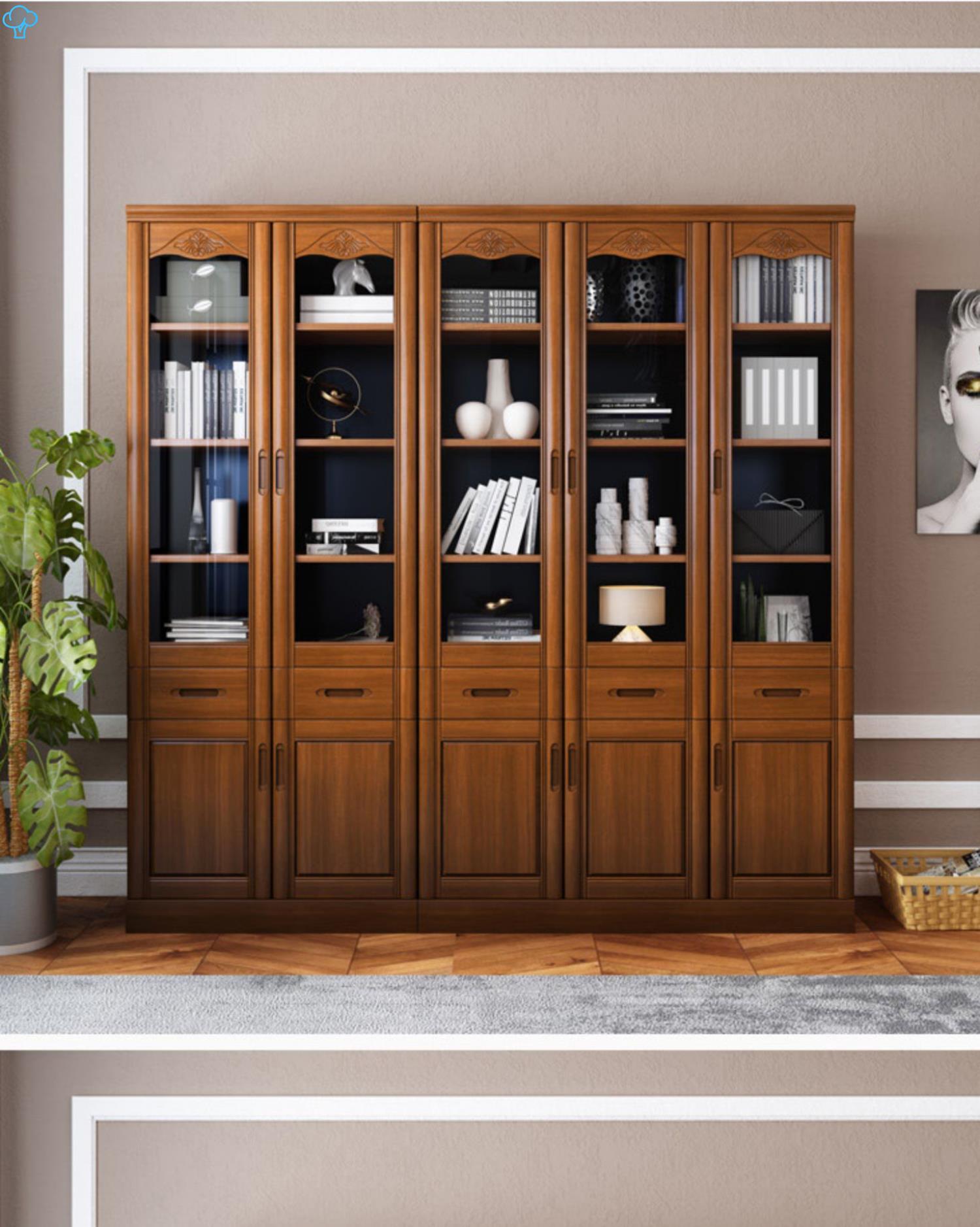 实木书柜带玻璃门现代简约中式书架落地储物橡木书橱办公室文件柜