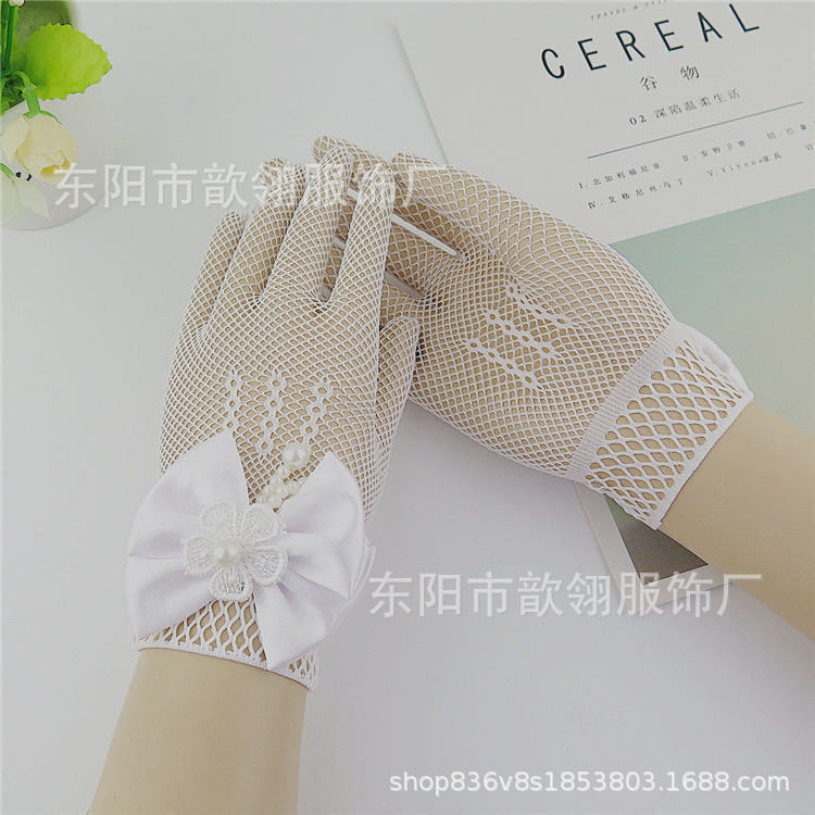 Children's Wedding Dress Princess Mesh Etiquette Bow Gloves Elastic Flower Girl Wedding White Gloves Self-Produced and Self-Sold