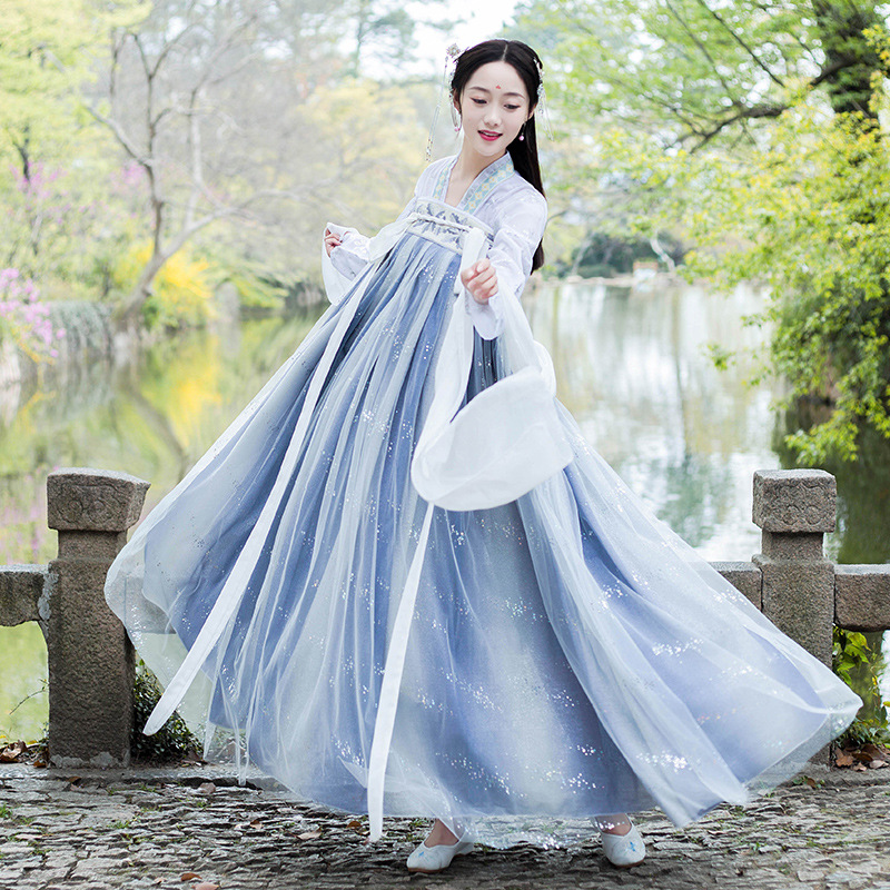 夏烟汉服古装女中国风齐胸襦裙长袖夏季仙气飘逸改良古风淡雅汉服