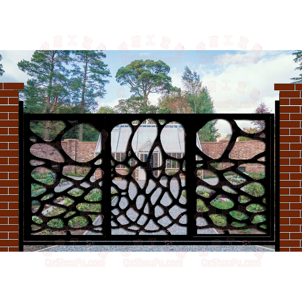花园入口的铁门 平顶的镂空三扇铁门 门板鹅卵石图案