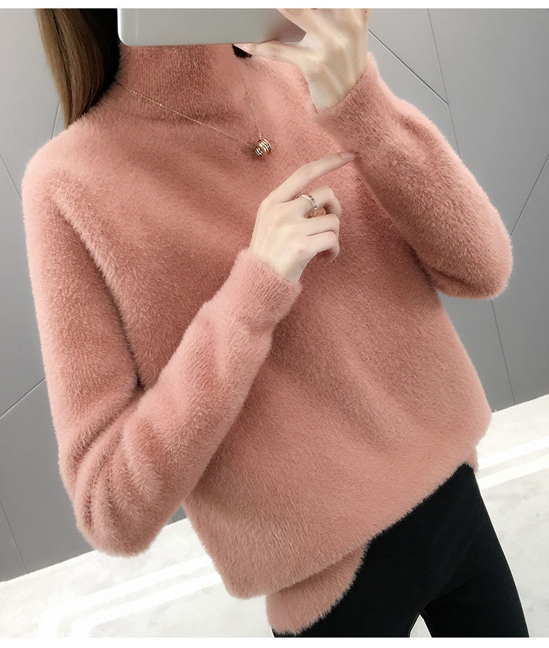 仿水貂绒白色毛衣女秋装2020年新款女士针织上衣女打底衫秋冬外穿