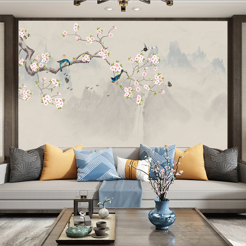 电视背景墙纸3d花鸟手绘壁纸新中式壁画8d现代简约5d无缝墙布