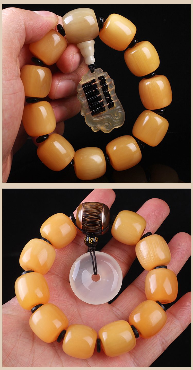 牛角佛珠手串圆珠桶珠天然西藏金丝牦男款金黄色牦牛角念珠手串