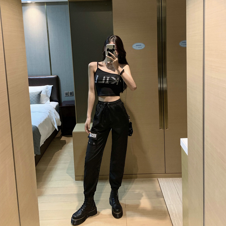 秋款黑色帅气高腰束脚工装裤女 小外套 斜肩小吊带