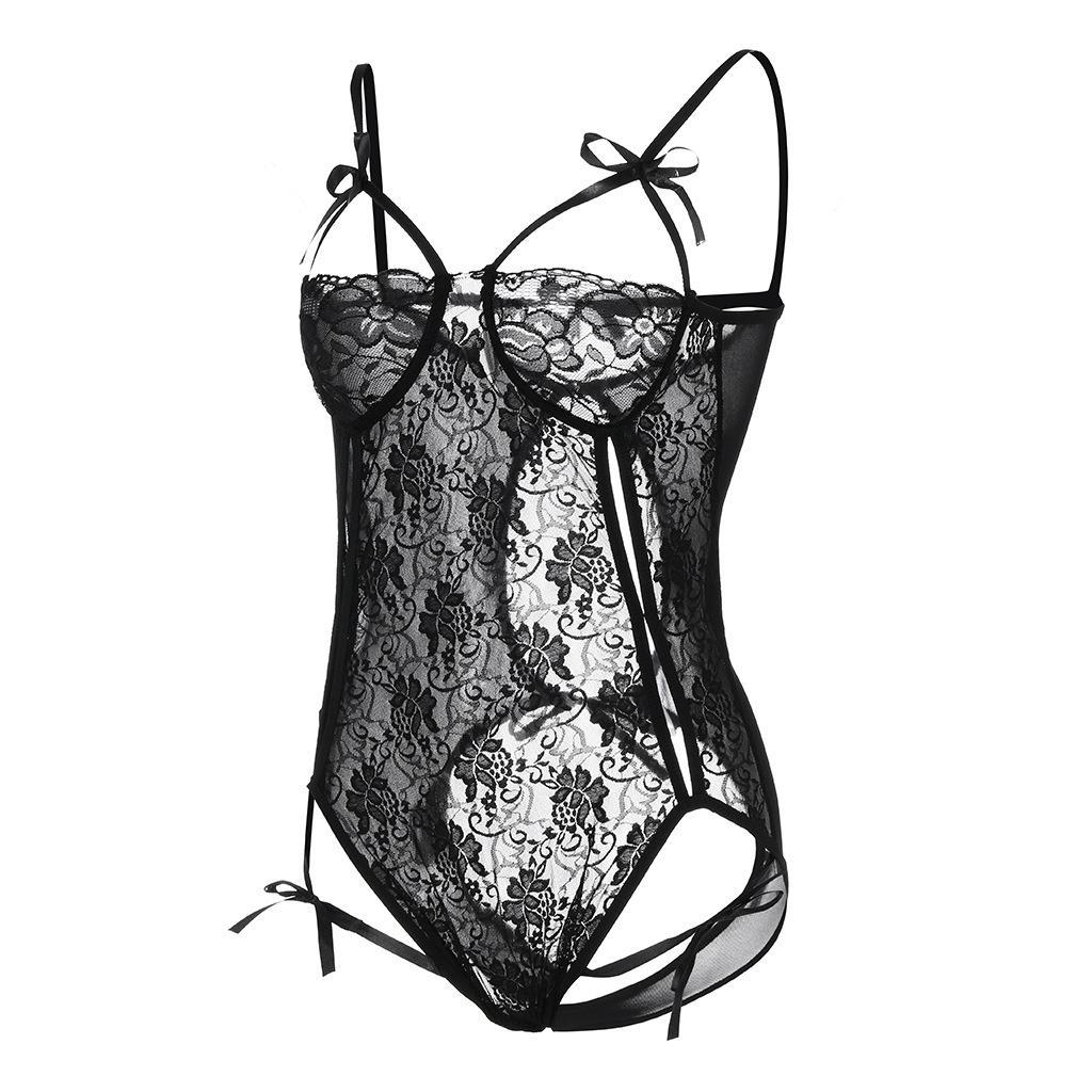 厂家直销睫毛网格拼接连体衣欧美性感柔软蕾丝有钢圈聚拢睡衣