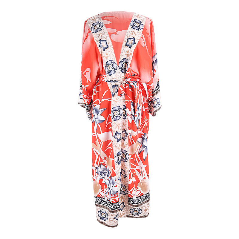 European and American-Style Orange-Red Background Crane Flower Red Flower Kimono Sun Protection Cardigan Chiffon Blouse Swimsuit Outwear Vacation Skirt Women's Sand