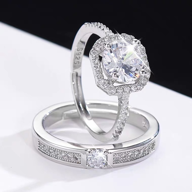 Couple Couple Rings Open Diamond Ring Wedding Ring Simulation Wedding Ring Men's and Women's Silver Plated Ring Women's Wholesale Jewelry