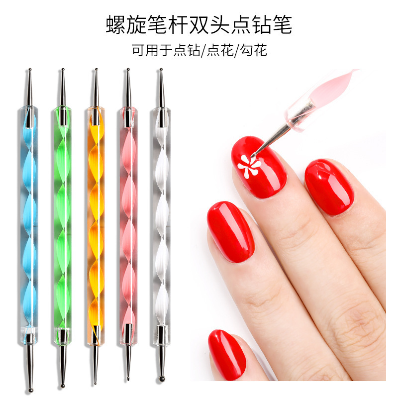 美甲点钻笔 双头两用亚克力点钻点花点珠笔 螺旋纹美甲笔杆套装