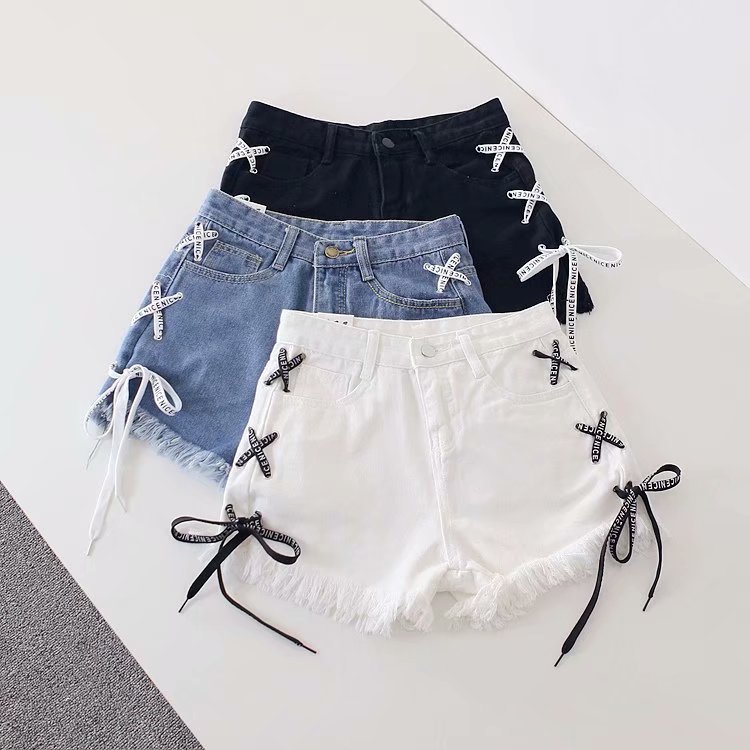   Summer arge Size Frayed ace-up Denim Shorts Women's Korean-Style High Waist Student oose Slimming and All-Matching Wide eg Hot Pants