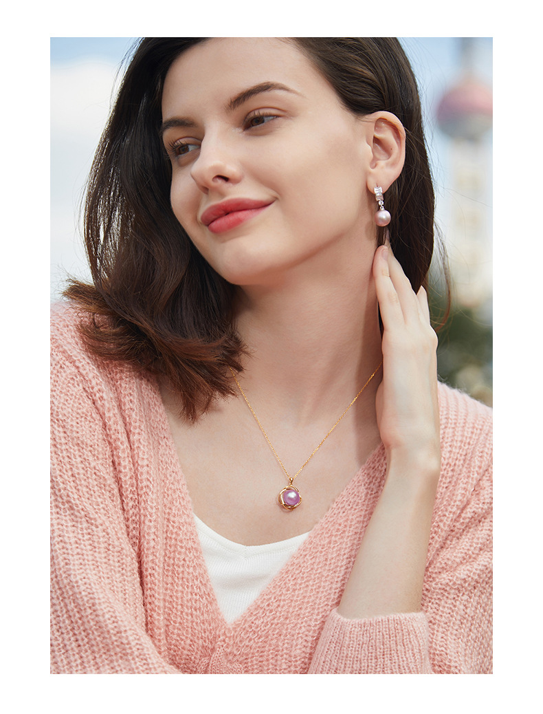 新款气质奢华镀18k黄金色仿真淡水粉紫珍珠吊坠女 时尚锁骨链项链