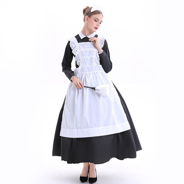 大码欧美长款咖啡厅女仆装珍珠线黑白女佣菲佣角色扮演万圣节服装