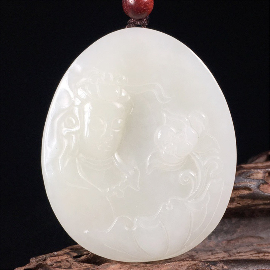 新疆白玉男士款托莲观音头像平安牌天然和田玉观音玉牌圆形吊坠