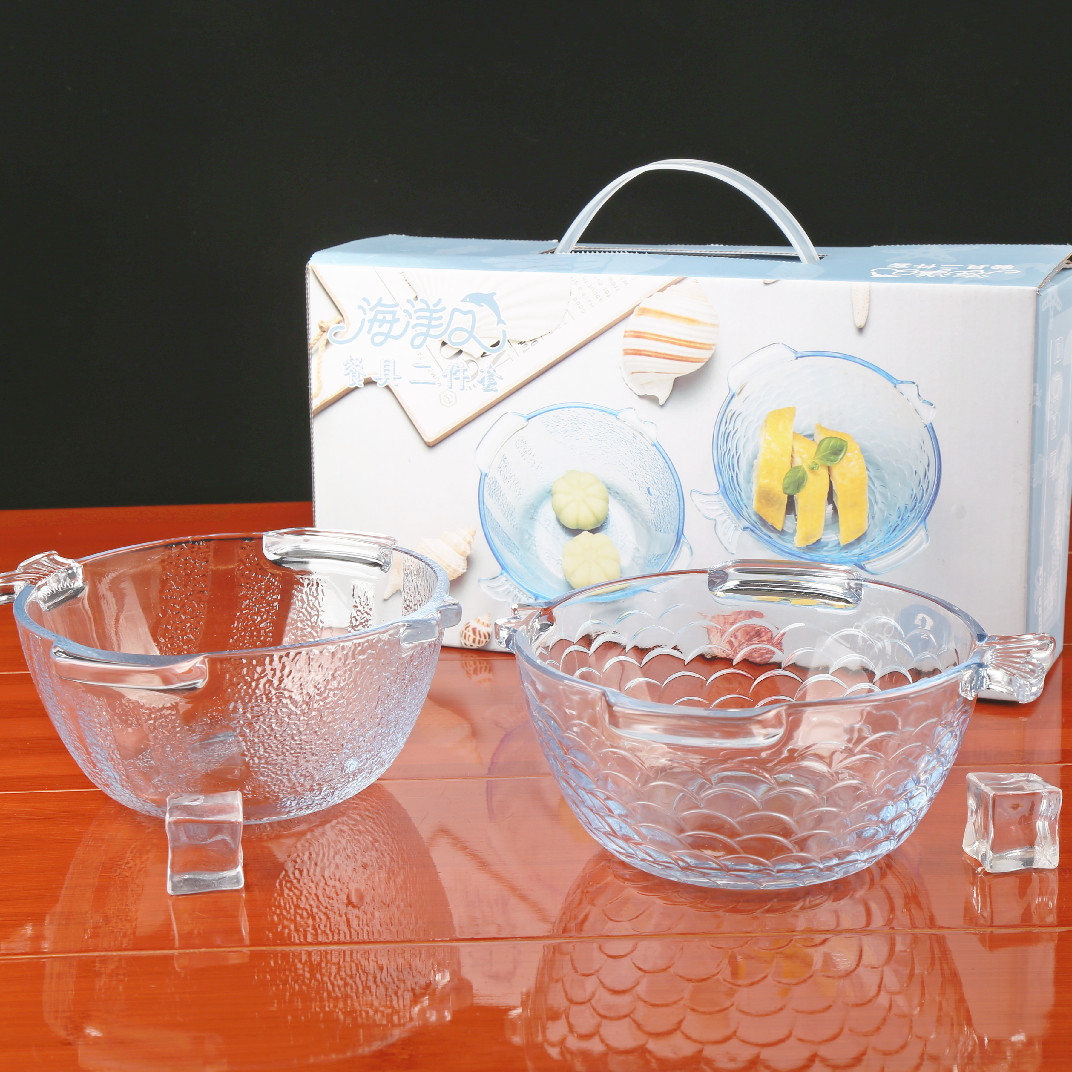 彩色玻璃碗盘碟套装创意海洋渔碗餐具三件套加厚玻璃广告促销礼品