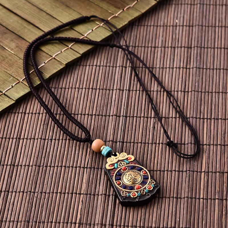 Nepal Handmade Diy Sweater Chain Pendant Vintage Jewelry Accessories Clothing Matching Cotton and Linen Blackwood Necklace