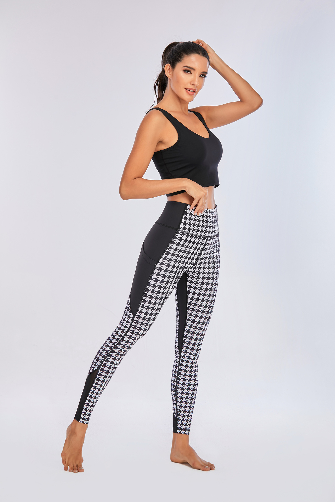 现货欧美外贸时尚黑色拼接瑜伽裤欧美千鸟格拼接提臀瑜伽裤跨境