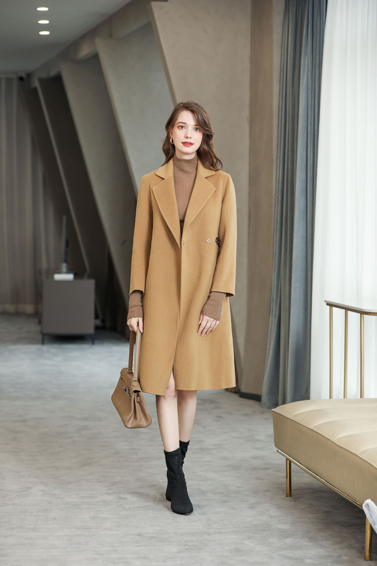 双面羊毛大衣2022年秋冬时尚气质通勤翻领中长款毛呢大衣女3432