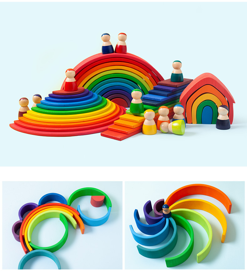 木质儿童早教益智力12色彩虹拱形积木拼搭跨境外椴木贸叠叠乐玩具