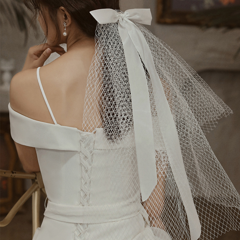 婚礼舞会花瓣珍珠装饰帽纱头纱日韩甜美蝴蝶结派对婚纱配饰头纱