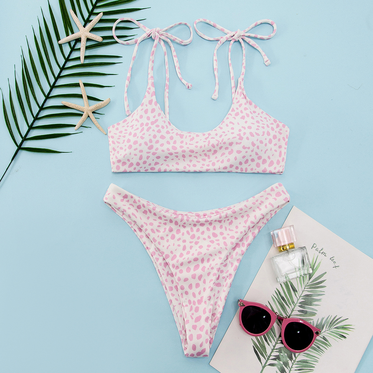 速卖通wish外贸热卖复古波点印花比基尼性感低腰u领绑带分体泳衣